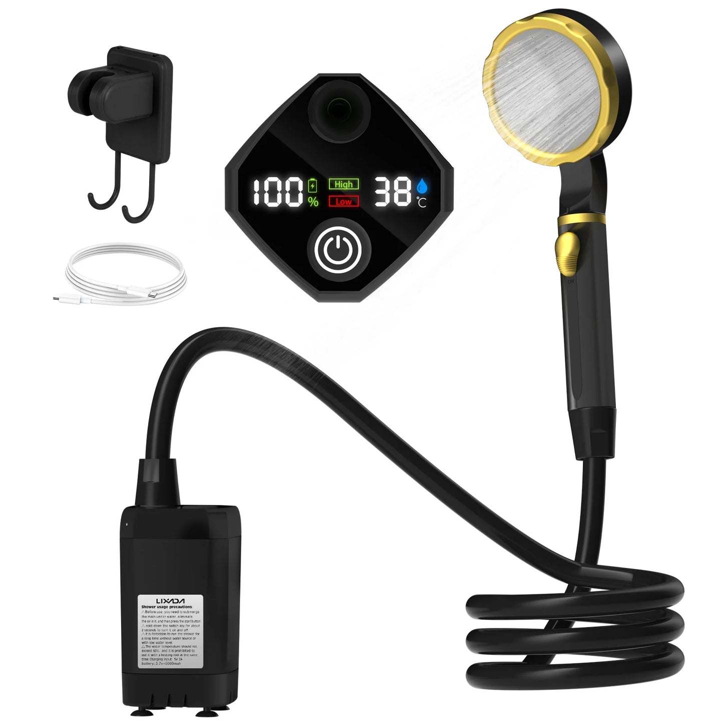LIXADA Camping Shower Pump Kit With Full Screen Digital Display 6000mAh