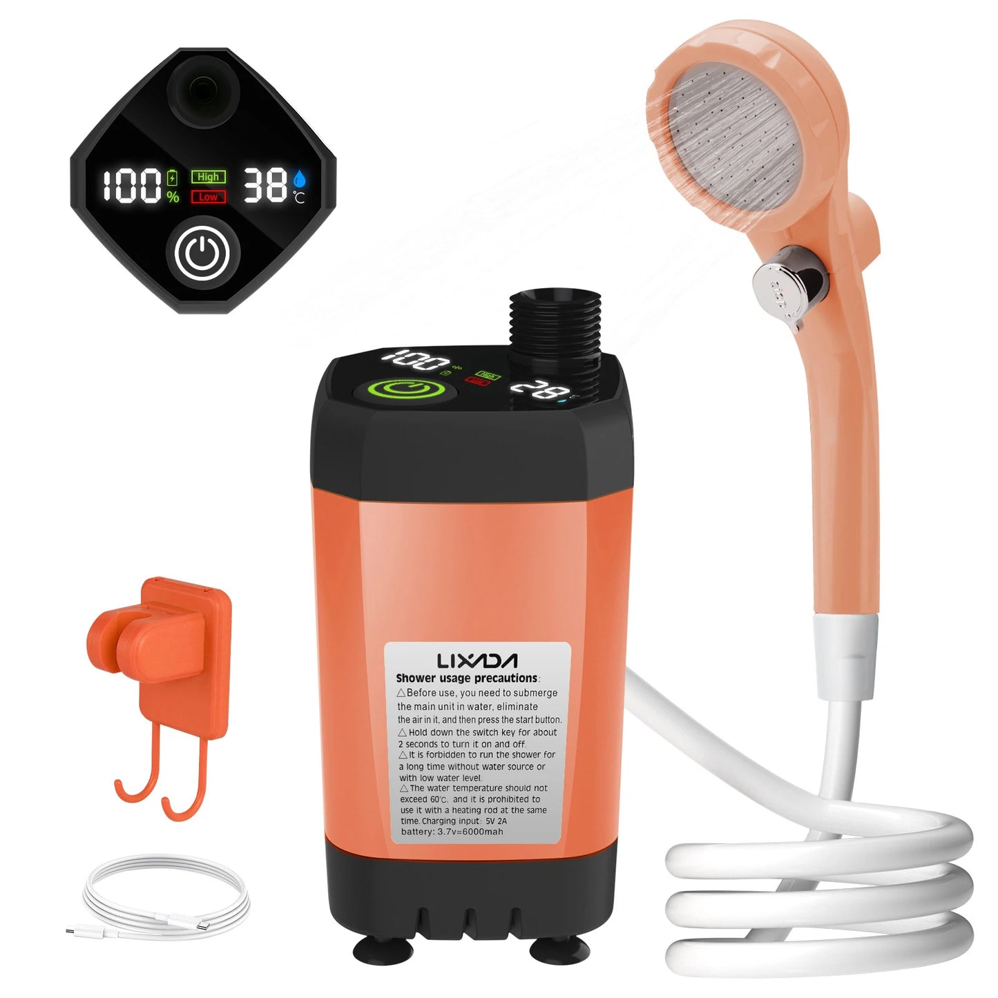 LIXADA Camping Shower Pump Kit With Full Screen Digital Display 6000mAh