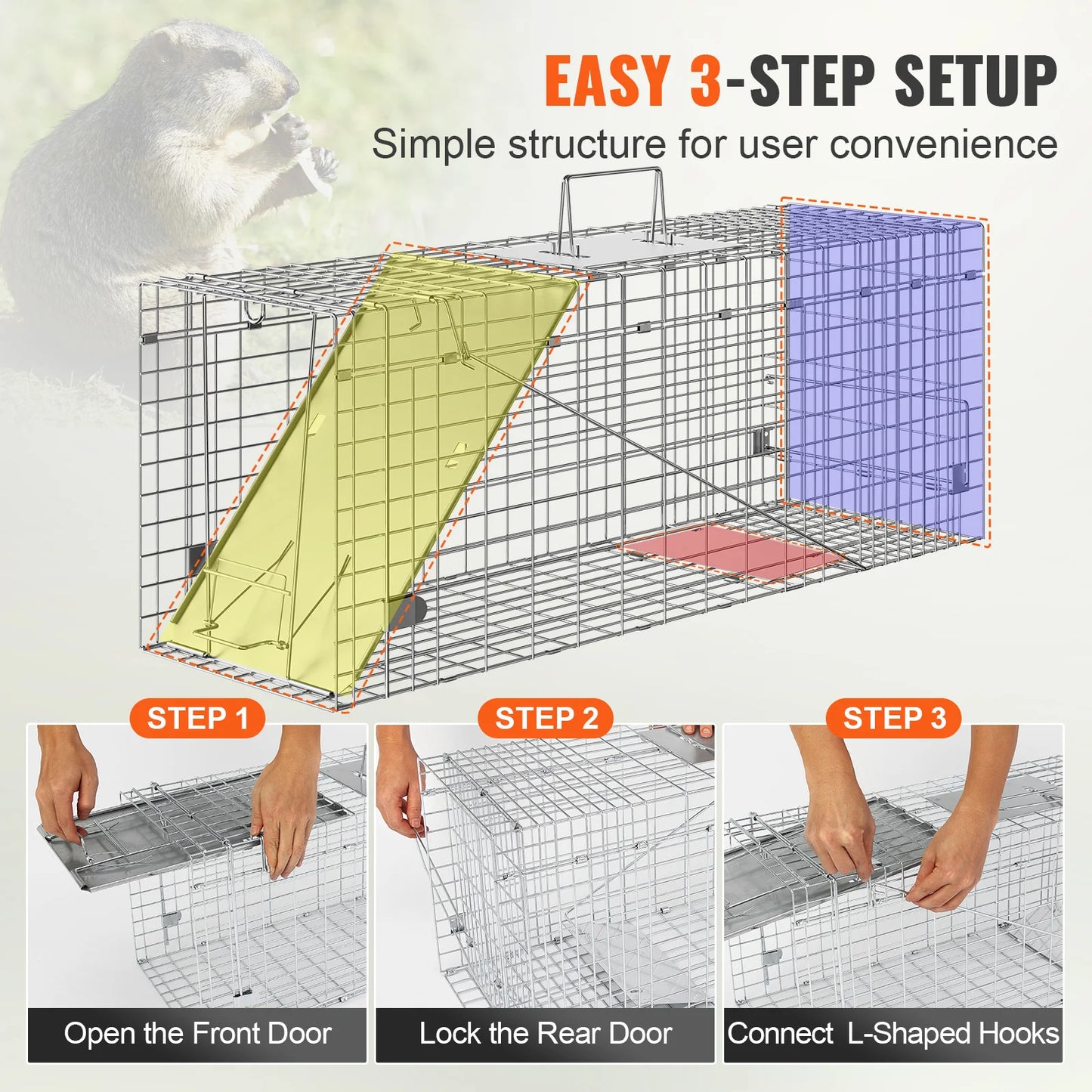VEVOR Live Animal Cage Trap Humane Cat Trap Galvanized Iron Folding Animal Trap with Handle for Rabbits Stray Cats Squirrels