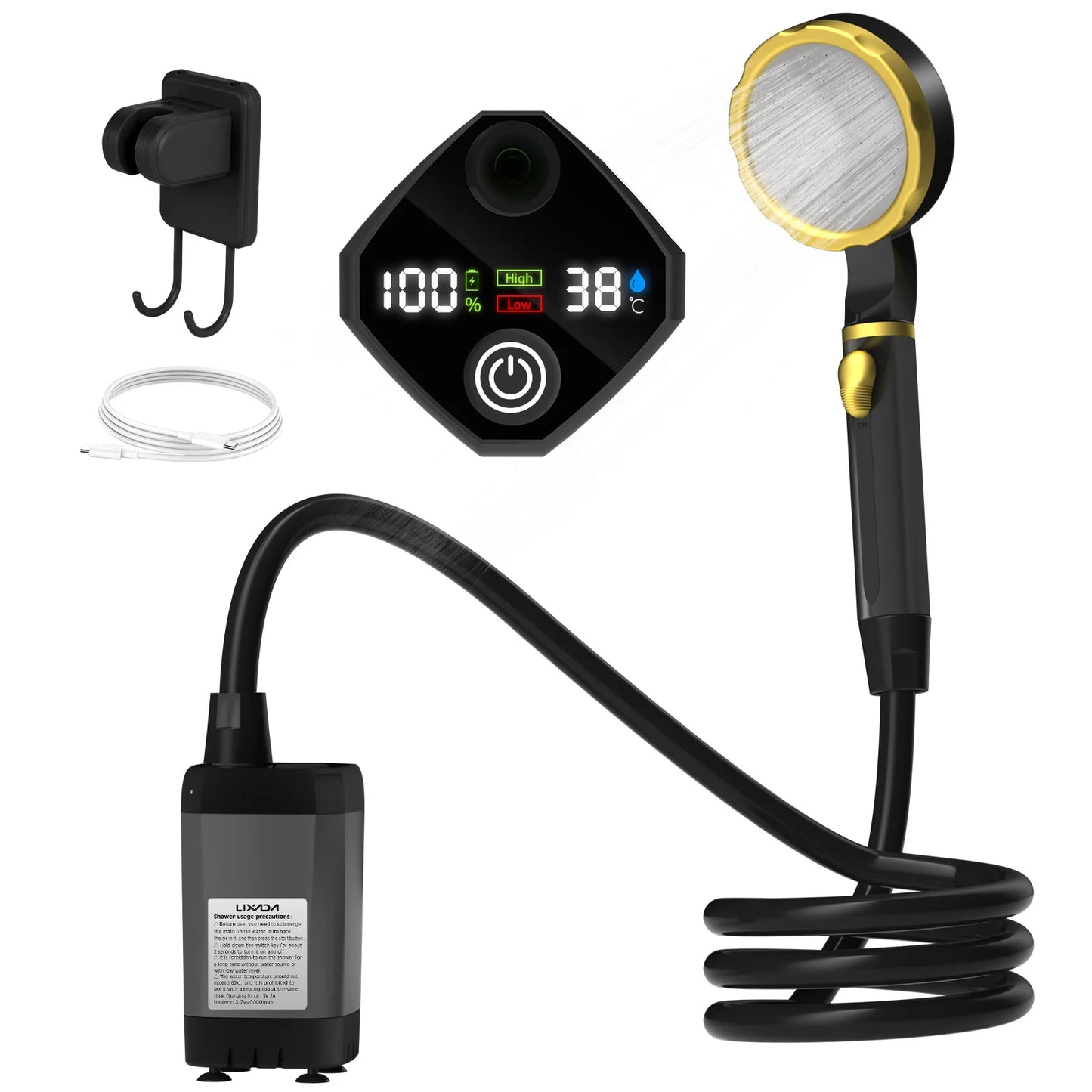LIXADA Camping Shower Pump Kit With Full Screen Digital Display 6000mAh