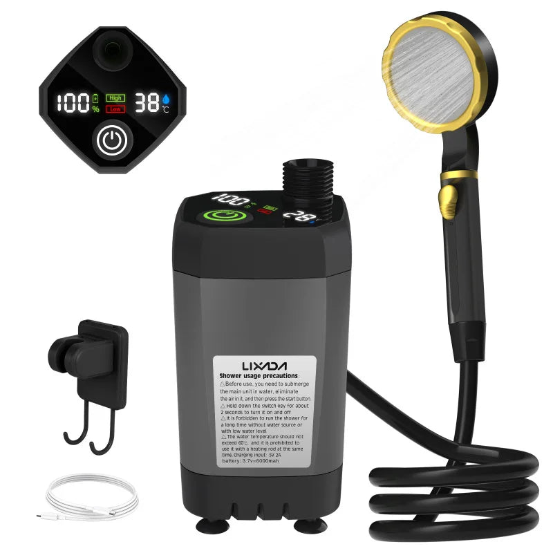 LIXADA Camping Shower Pump Kit With Full Screen Digital Display 6000mAh