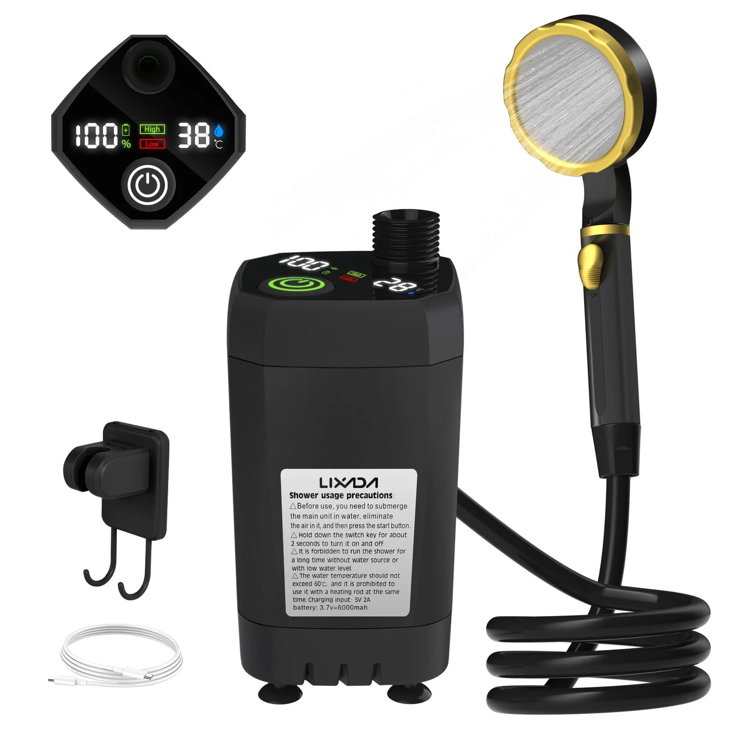 LIXADA Camping Shower Pump Kit With Full Screen Digital Display 6000mAh