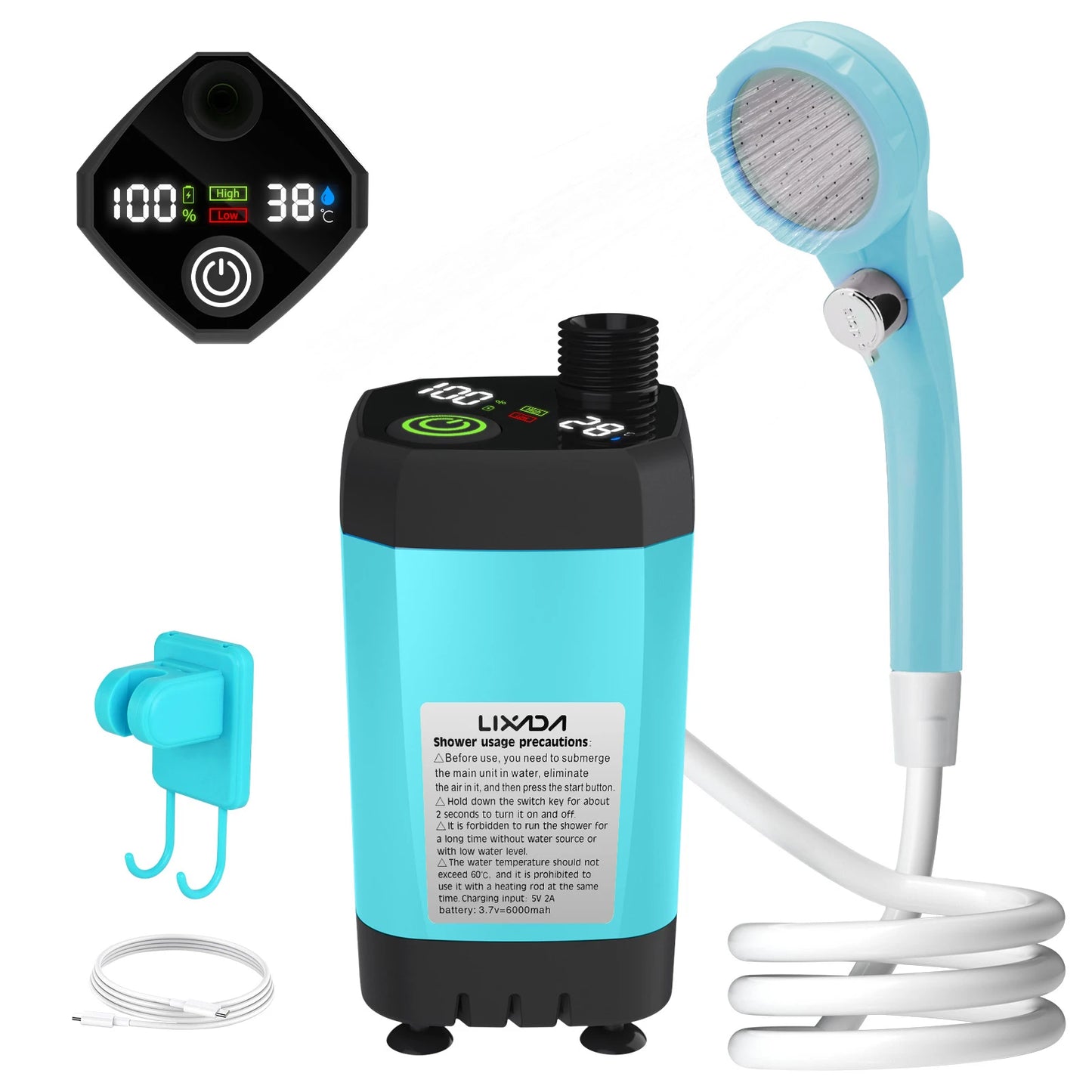 LIXADA Camping Shower Pump Kit With Full Screen Digital Display 6000mAh