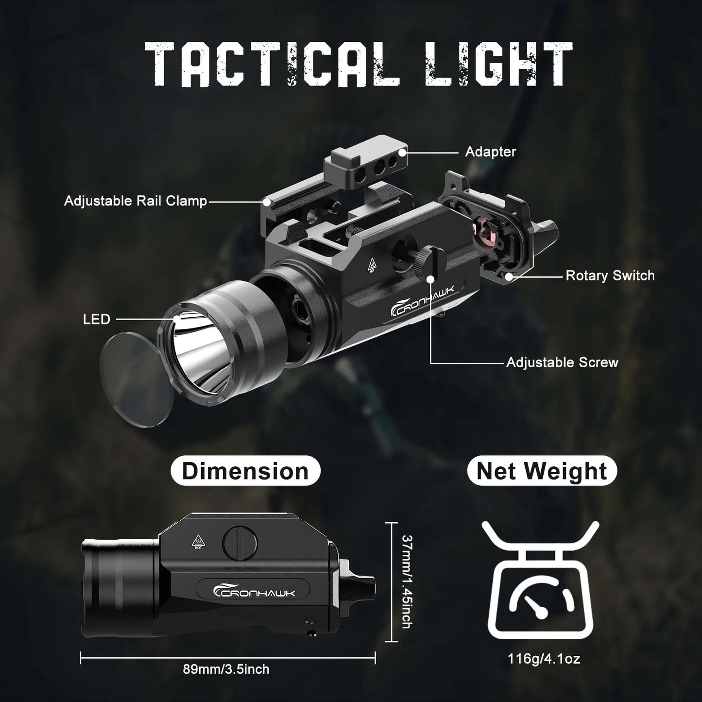 Tactical Metal Pistol Light 1350 Lumen Airsoft Weapon Light Fit 20mm Picatinny Rail Mounted Powerful Strobe Handgun Flashlight