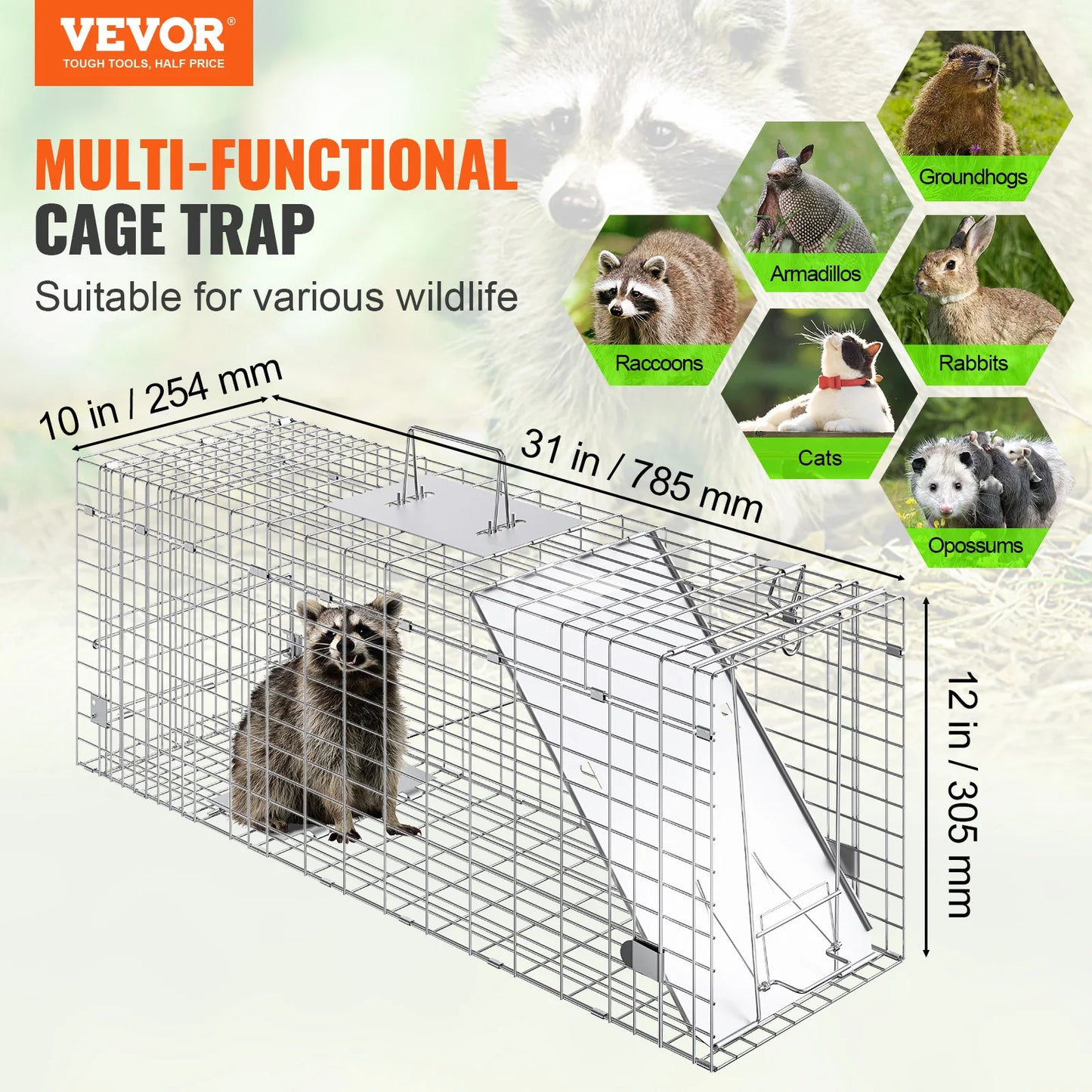 VEVOR Live Animal Cage Trap Humane Cat Trap Galvanized Iron Folding Animal Trap with Handle for Rabbits Stray Cats Squirrels