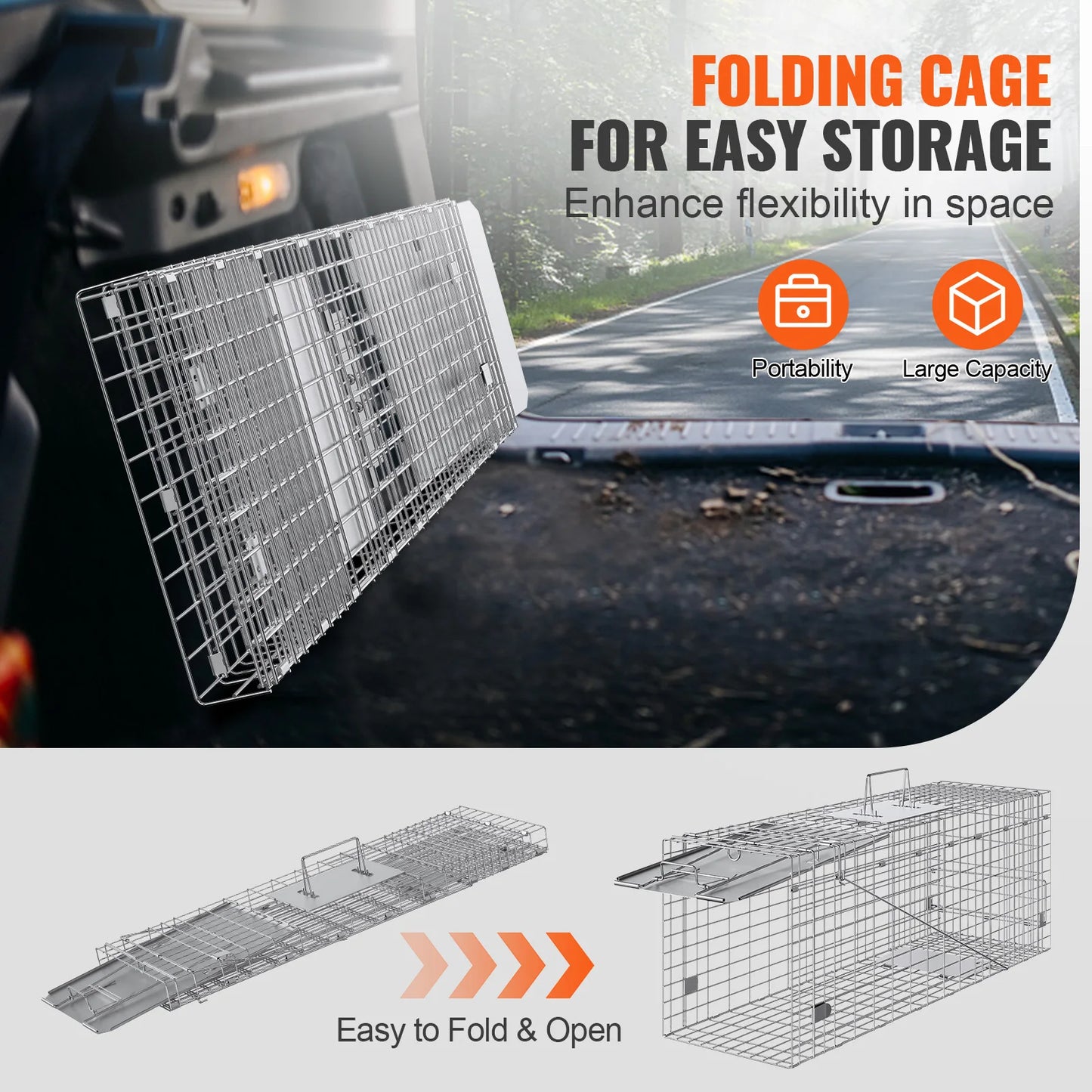 VEVOR Live Animal Cage Trap Humane Cat Trap Galvanized Iron Folding Animal Trap with Handle for Rabbits Stray Cats Squirrels