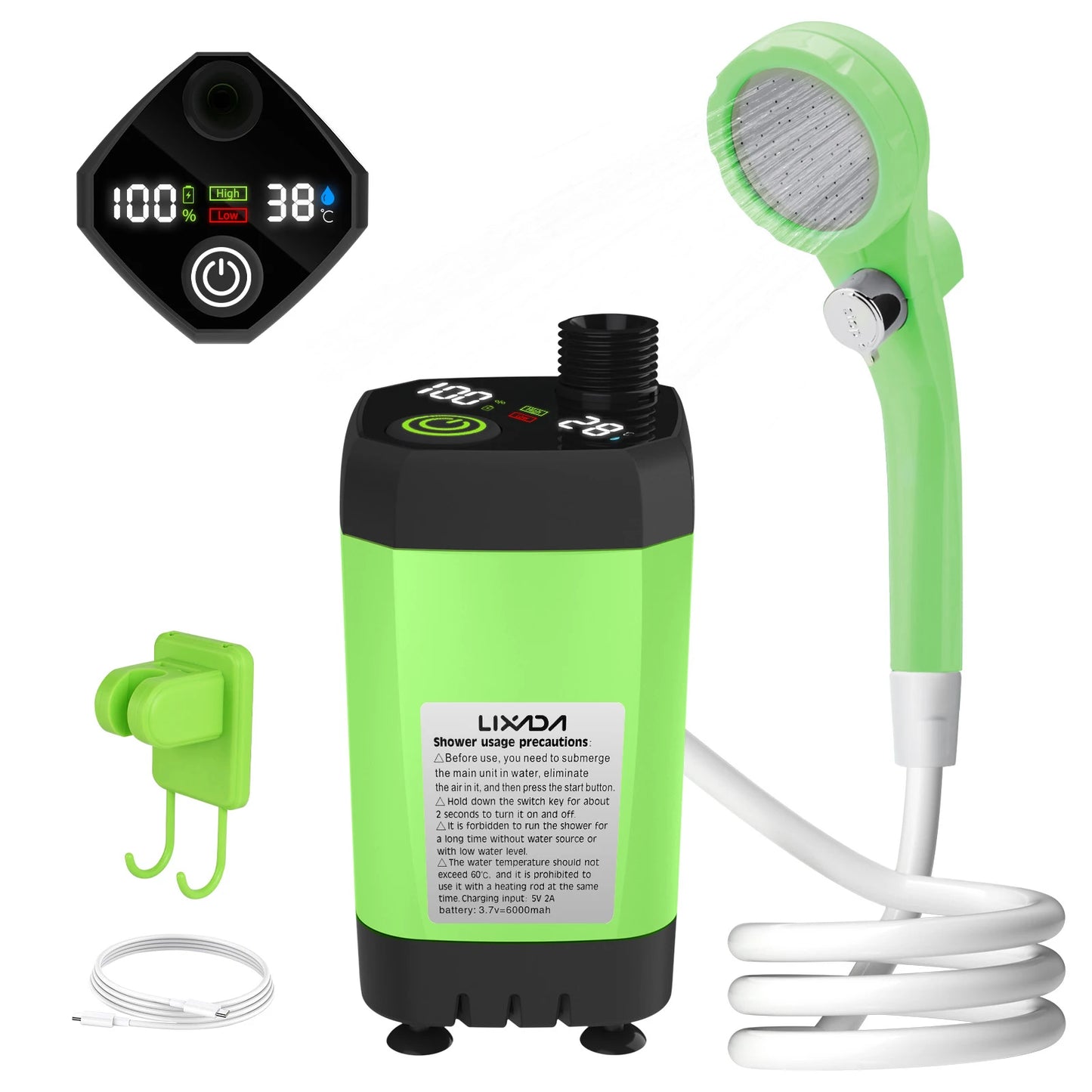 LIXADA Camping Shower Pump Kit With Full Screen Digital Display 6000mAh