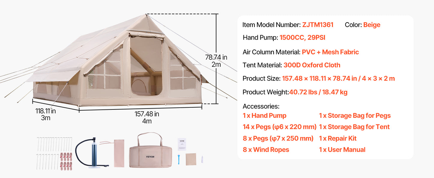 SucceBuy Inflatable Camping Tent With Hand Pump And Bag